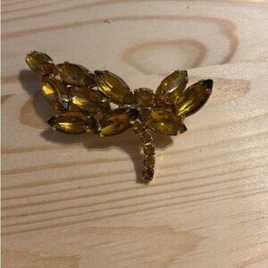 Vintage Gold Leaf Brooch With Yellow Amber Tone Rhinestones